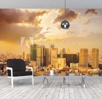 Picture of Cityscape of tokyo city sunset sunrise skyline in Aerial view with skyscraper modern business office building with blue sky background in Tokyo metropolis city Japan